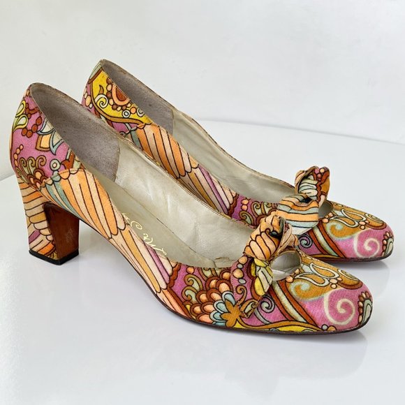 MR SEYMOUR Vintage 60's 70's Psychedelic Floral Bow Pumps Size 10AA RARE - Picture 6 of 15